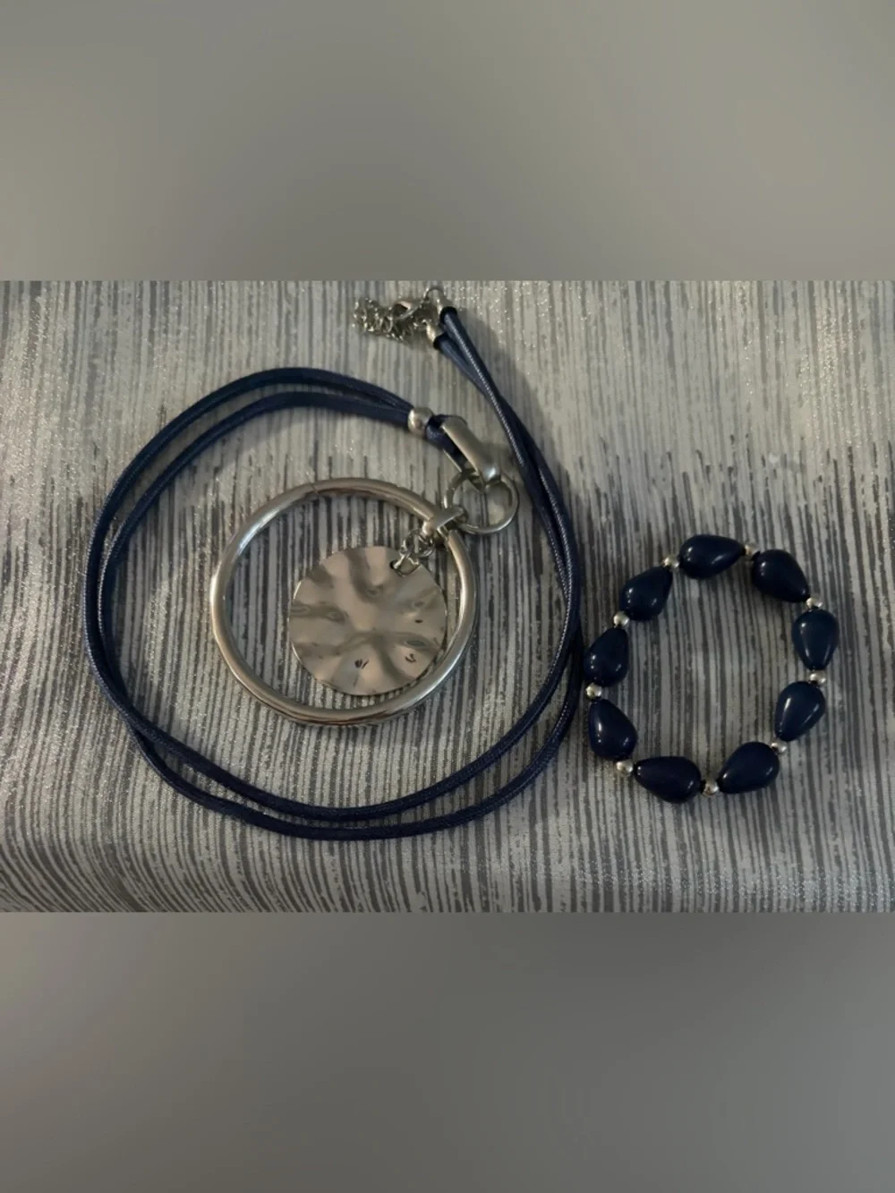 Navy Cord Necklace with Silver Disc Pendant and Navy Bead Bracelet Set
